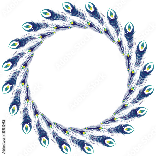 Elegant circular vector frame made with vibrant peacock feathers, ideal for invitations, wedding cards, festive posters, spiritual designs, logos, and decorative branding projects.