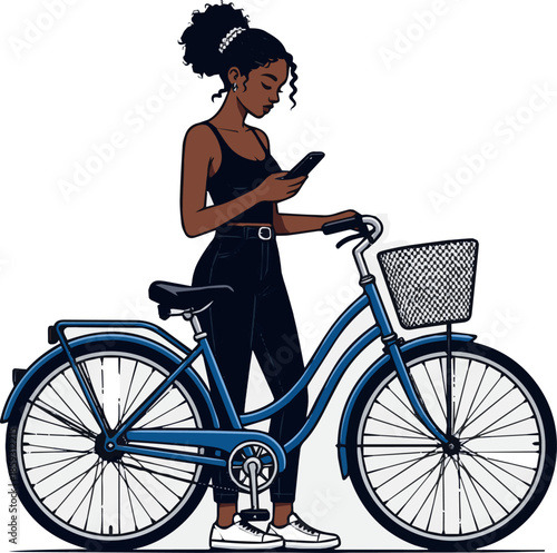 Create a realistic Young beautiful black woman with a blue retro bike standing and looking at her phone vector art with white background.