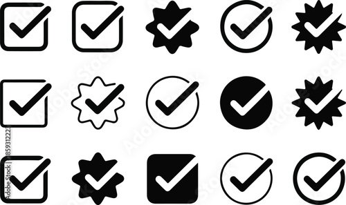 Various black outline check mark icons inside geometric shapes