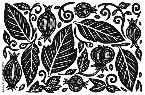 Vintage linocut botanical vector illustration pattern with woodcut floral leaves and pomegranate fruit; hand drawn engraving for rustic artisanal craft background and folk art design