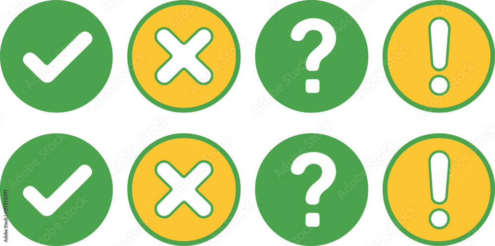 Obraz premium Set of colorful confirmation error question mark and exclamation icons