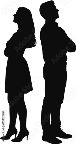 Silhouettes of two people standing back to back with arms crossed, symbolizing conflict, disagreement, emotional distance, relationship issues