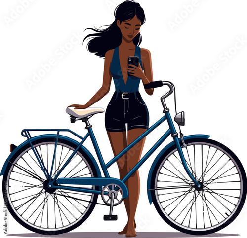Create a realistic Young beautiful black woman with a blue retro bike standing and looking at her phone vector art with white background.