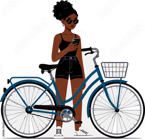 Create a realistic Young beautiful black woman with a blue retro bike standing and looking at her phone vector art with white background.