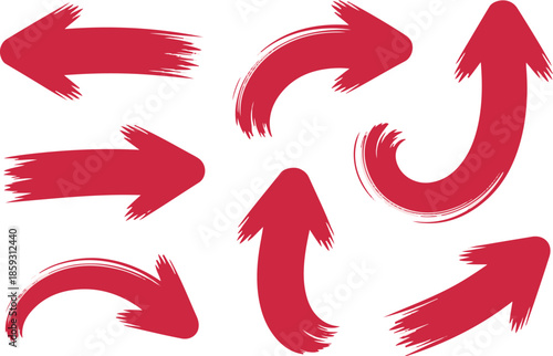 Set of hand drawn red brush stroke arrows pointing in different ways