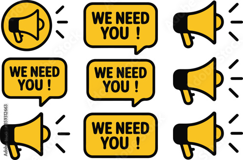 Recruitment concept with yellow megaphones and we need you signs