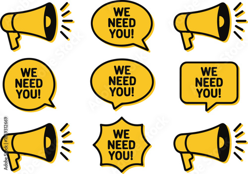 Megaphone and speech bubble set for urgent hiring announcement