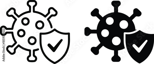Virus protection shield with check mark line and solid icons