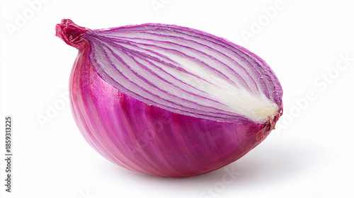 Cut red onion displaying layers on white background