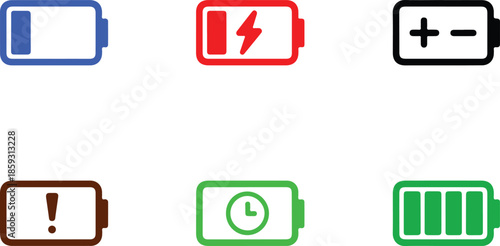 Collection of battery charge level and status indicator icons