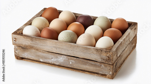 Fresh eggs in wooden crate from farm