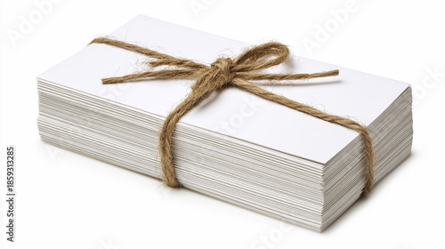Stacks of blank cards tied with twine on a plain background