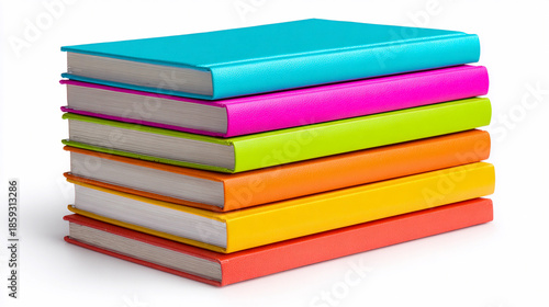 Stack of colorful notebooks arranged neatly on a white background