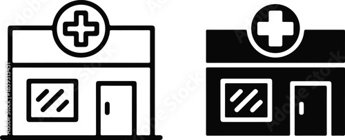 Outline and filled icons representing medical facility building structure