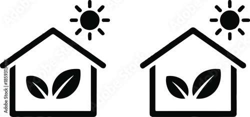 Black greenhouse icons with sun and leaves for ecological theme