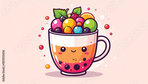 Kawaii Fruit Tea Cup with Cute Face and Colorful Boba.