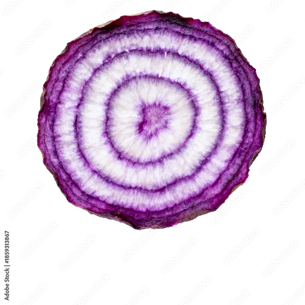 Obraz premium Abstract Transparent PNG Slice of Purple Radish with Concentric Rings, Modern Food Background with Copy Space