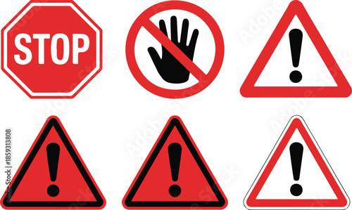 Red and black warning signs set featuring hand and exclamation mark