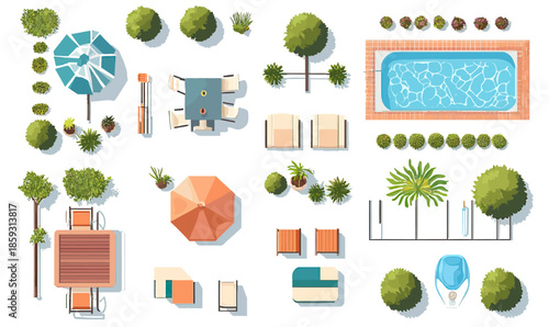 Top view of outdoor garden furniture set with swimming pool umbrella tables chairs lounge chairs and green plants in flat minimalist style for architectural design