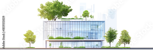 Modern sustainable office building with large glass facade and integrated greenery trees outside and on terraces in urban environment vector illustration