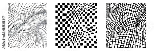 Set of three black and white distorted wireframe backgrounds with wavy warped grid lines and checkerboard patterns creating abstract geometric textures and dynamic optical illusions for design
