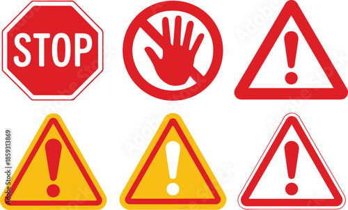 Safety warning and stop traffic signs collection in yellow and red