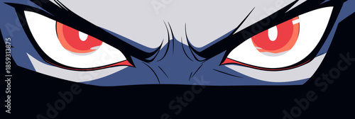Close up of angry red eyes of manga anime man character with intense expression in flat minimalist vector style illustration
