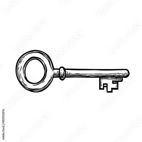Hand drawn vintage skeleton key sketch black and white isolated vector illustration of antique metal door key with round bow and detailed bit silhouette style flat line drawing