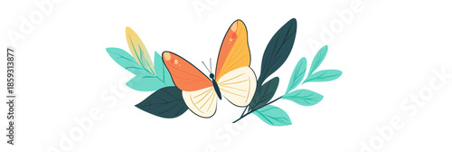 Colorful butterfly with orange and cream wings perched on green and dark green leaves flat minimalist vector illustration on white background bright nature insect design