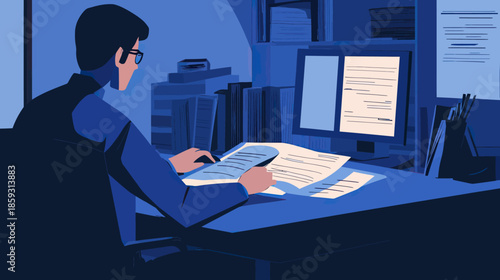 Man working late at desk with documents and computer in home office environment for financial or data analysis in minimalist flat style vector illustration