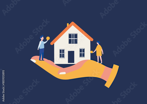 Hand holding house with small man woman figures symbolizing inheritance property transfer financial planning concept flat vector illustration