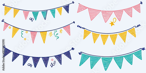 Set of colorful hand drawn party bunting flags and pennants with simple doodle festive decorations for celebration events design in flat minimalist style
