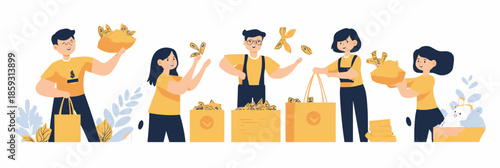 Group of volunteers collecting donations and money cash in bags and boxes for charity fundraising in flat minimalist vector style