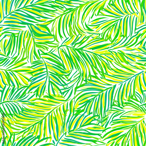 Seamless tropical palm leaf pattern background in bright green and yellow hand drawn brush strokes for summer and nature design