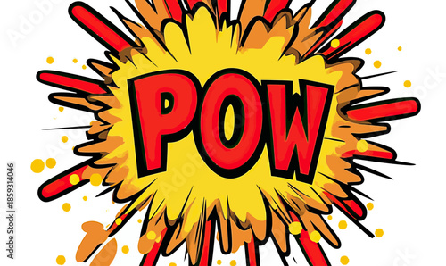 Comic style explosion bubble with red and yellow POW text, dynamic burst graphic with bold pop art elements and energetic cartoon effect on white background vector illustration