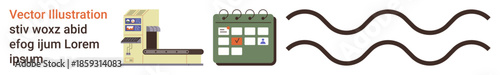 Workflow management, productivity, automation, organization, deadlines, industrial planning. A factory conveyor belt, a calendar with a checkmark and wavy lines. Workflow management and productivity