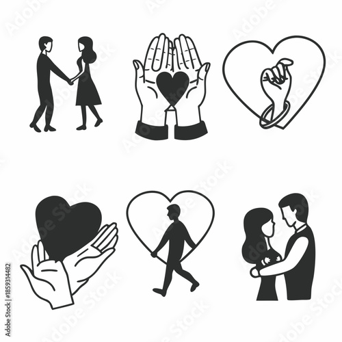 Set of vector icons featuring a cartoon family and romantic couple with heart symbols, mother and baby silhouettes, and business communication signs for Valentine card design illustration