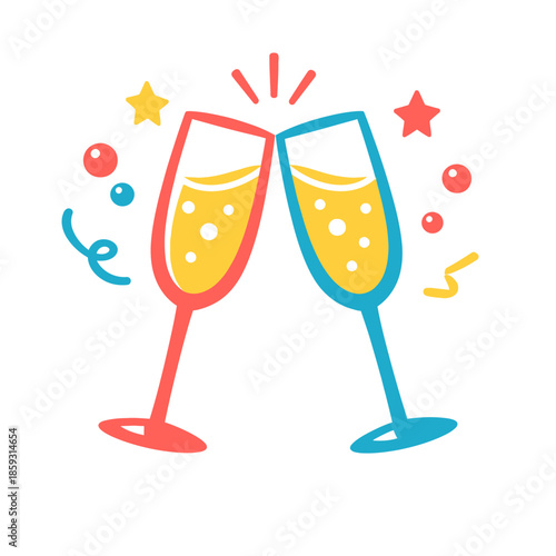 Two colorful champagne flutes clinking together in a toast.