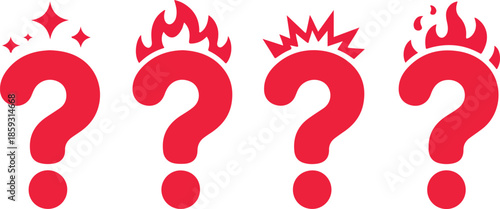 Red question mark set with fire explosion and sparkle elements vector sign
