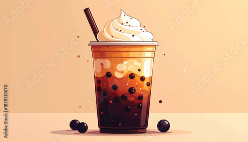 Boba Tea with Whipped Cream and Tapioca Pearls in a Cup.