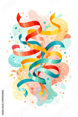Vibrant multicolored confetti streamers swirl on an abstract background.