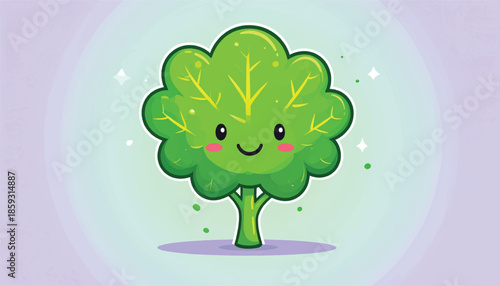 Cute Cartoon Broccoli Character with Smiling Face and Rosy Cheeks.