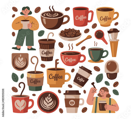 Collection of coffee illustrations and icons. Cafe and coffeeshop design. Concept characters with coffee mugs and utensils. Modern minimalist flat art. Perfect for coffee stores, prints, stickers.