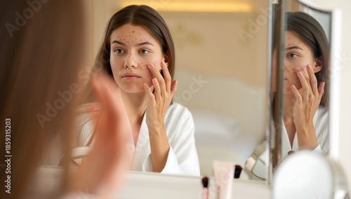 Young Woman Examining Her Face in Mirror, Concerned About Acne