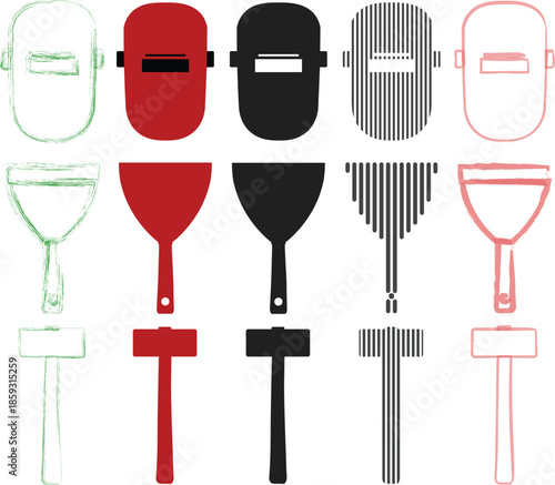 Industrial welding equipment and construction tools icon set with mask putty knife and hammer vector elements