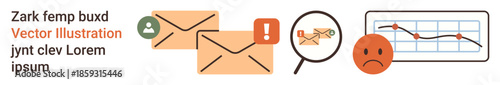 Cybersecurity, email management, online communication, spam alert, data analysis, user notifications. Envelopes with icons, magnifying glass error warning and graph. Cybersecurity and email