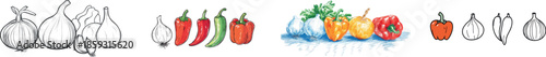 In a single, flowing line, the drawing connects images of garlic, tomato, bell pepper, and mushroom to create a cohesive set of vegetables
