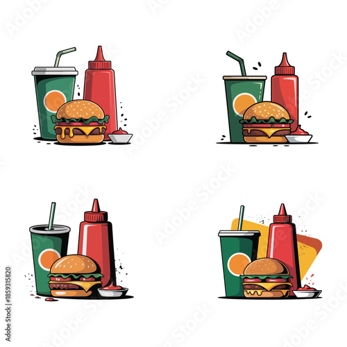 Classic American Fast Food Meal Cheeseburger Soft Drink and Ketchup Bottle Cartoon Illustration
