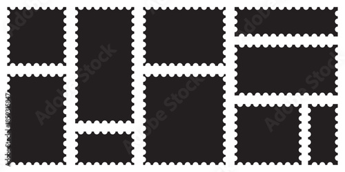 A set of black postage stamps. Empty geometric frame silhouettes with perforated edges. Wavy text blocks. Vector. EPS10.