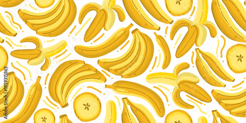 Fresh banana fruit seamless pattern vector illustration. Vibrant yellow banana bunches and slices seamless background